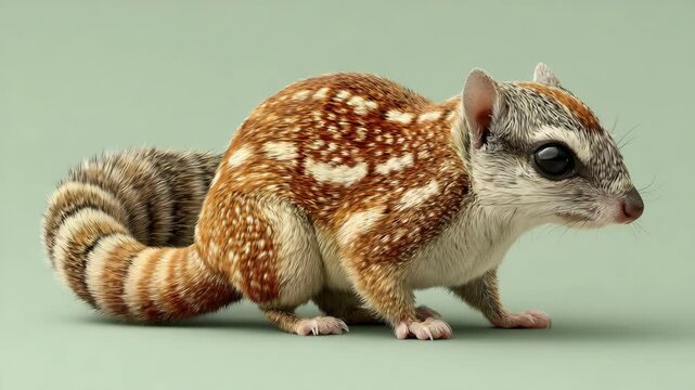 A close-up of a vibrant, detailed squirrel with striking patterns on a soft green background
