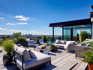 Fototapeta premium Modern Rooftop Terrace with City Skyline View