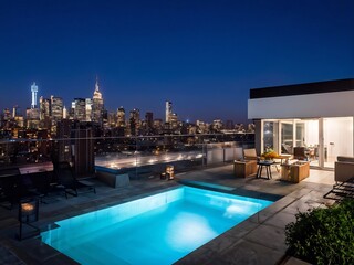 Obraz premium Rooftop Pool with City Skyline at Night
