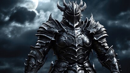 an image of a dark knight in armor standing in front of a moonlit sky