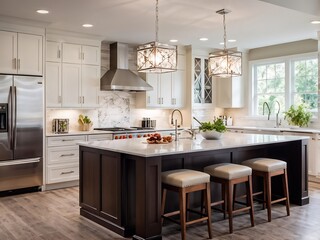 Modern Kitchen with White Cabinets and a Large Island