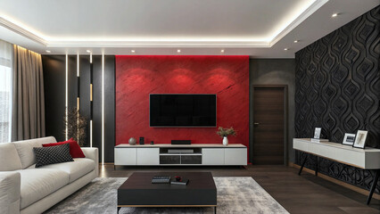 Modern Living Room with Bold Black to Red Gradient Walls Sleek Design Generative AI