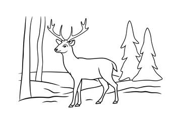 Deer Standing In Forest Scene Outline Art For Coloring Pages