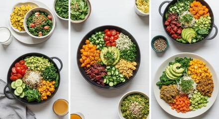 Several bowls and pans of colorful salads and healthy ingredients on a white surface.