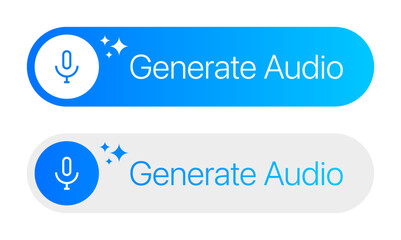 Ai generate audio button. Artificial intelligence generate voiceover recording ui button. Vector illustration of button with generate audio text and Ai text symbol icon. 