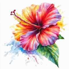 Fototapeta premium Vibrant Watercolor Hibiscus Flower with Splashes of Color and Lush Green Leaves in Artistic Style