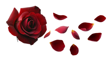 Isolated red rose and rose petals flowing on transparent background, high resolution PNG file