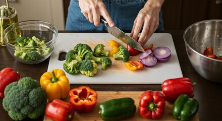 Clean home cooking style, person slicing vegetables like broccoli, bell peppers, and onions for stir-fry, kitchen counter setting, close-up from top-down angle, soft morning light, insulin resistance 