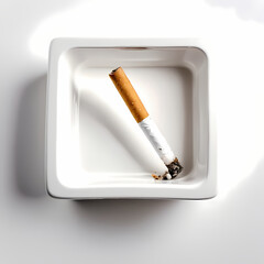 Lit cigarette in white ashtray isolated 