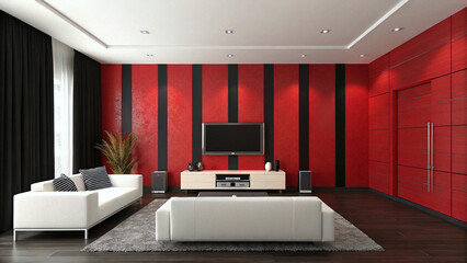 Modern Living Room with Bold Black to Red Gradient Walls Sleek Design Generative AI