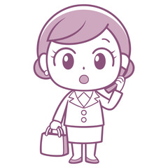 Cartoon Woman in Suit Surprised while Holding Phone and Bag isolated on white