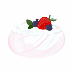 pavlova meringue dessert isolated on white background.
Light, fluffy, airy meringue dessert with cream cheese filling, blueberry and strawberry topping on top.
Vector illustration