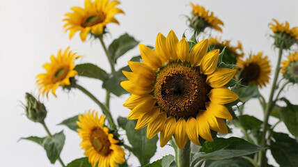 Fototapeta premium This image showcases a vibrant cluster of sunflowers. In the foreground, a large sunflower with bright yellow petals and a dark brown center is in sharp focus. 