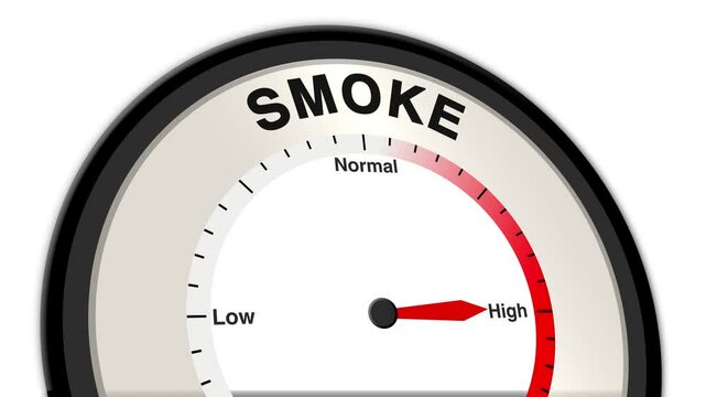 Smoke text or word displayed with a barometer or tachometer-style gauge showing levels from low to normal to high, symbolizing air quality and environmental concerns
