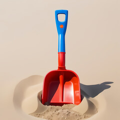 Red plastic shovel in sand, beach toy isolated 