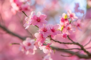 Obraz premium Beautiful pink cherry blossoms on branches with a soft blurred background, symbolizing spring, nature, and renewal in a serene setting