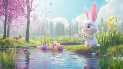 Bunny Fishing for Easter Eggs in Spring Landscape Illustration