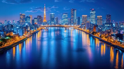 Obraz premium Tokyo skyline at night, reflecting on river