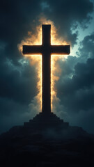 A dramatic, cloudy sky with a cross radiating light at its center, symbolizing Christian faith.