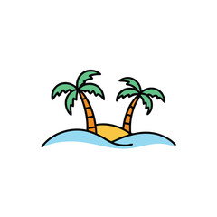 Tropical Palm Trees on Wave  Summer Beach Icon, Vector Illustration