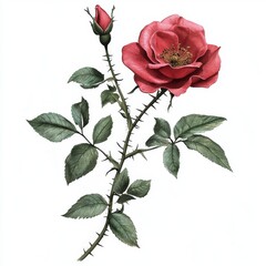 Fototapeta premium Beautiful single red rose with green leaves and budding flower, showcasing delicate details and vibrant colors on a white background