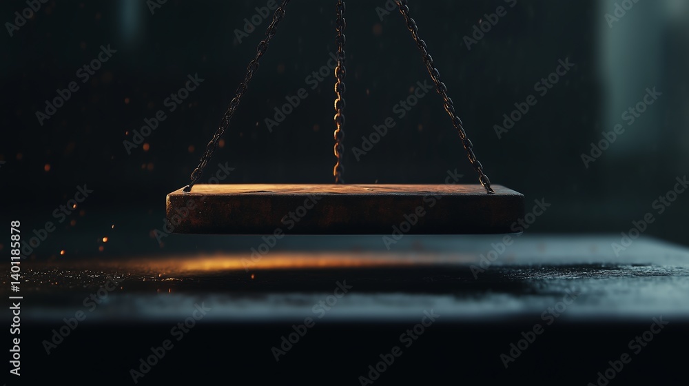 Poster suspended object illuminated by warm light in an atmospheric setting with dust particles in the air
