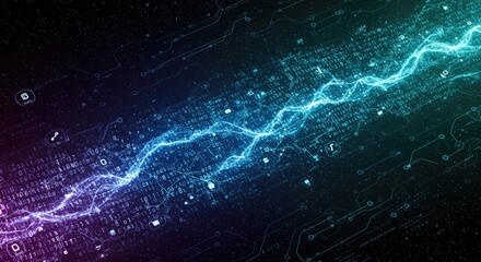 Abstract blue background with glowing lines suggests digital energy in a dark, starry space illustration