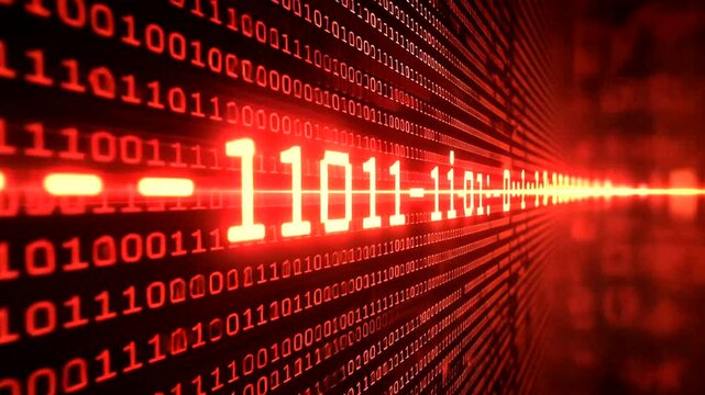 Rows of red binary digits with zero and one, with bright spot on the right side