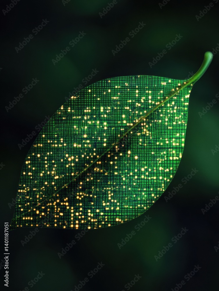 Aufkleber green leaf transforming into digital pixels showcasing the harmony of nature and technology in a mod