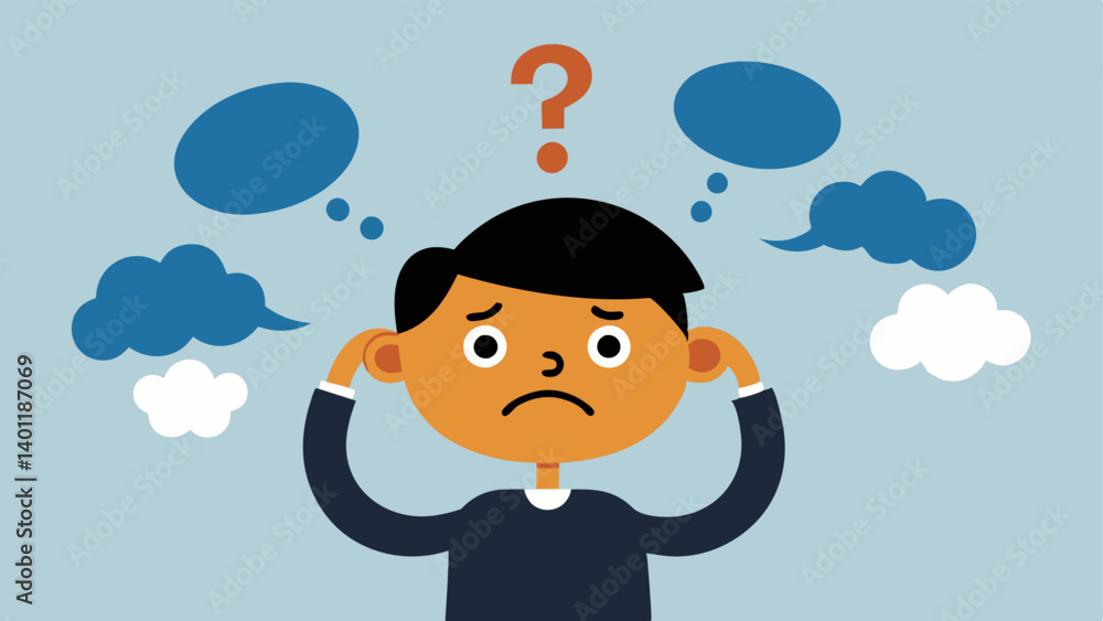Poster overwhelmed by thoughts a character with a furrowed brow pulling at their hair with one hand while t