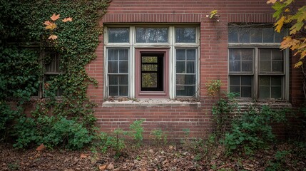 Abandoned Brick Building Window Autumn Overgrown
