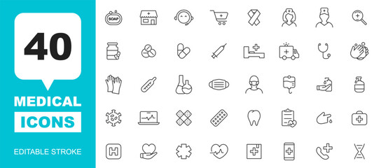Medical line icon set. Medicine and healthcare symbols. Medicine, doctor, hospital, pharmacy, pills, treatment etc. Editable stroke. Vector illustration.