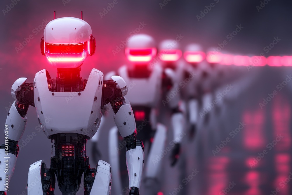 Poster robotic march: a line of white robots - a futuristic symbolizing technology, automation, progress, u