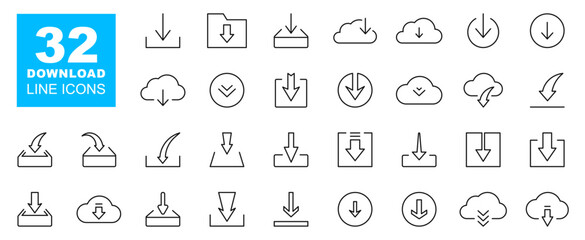 Download line icon set. Download files icons. Data download icon. Upload cloud storage sign. Editable stroke. Vector illustration.