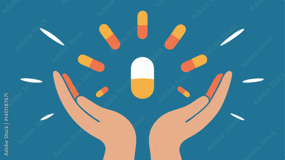 Poster handsopen delivery open hands presenting exosomeinfused pills with shining rays of light around them