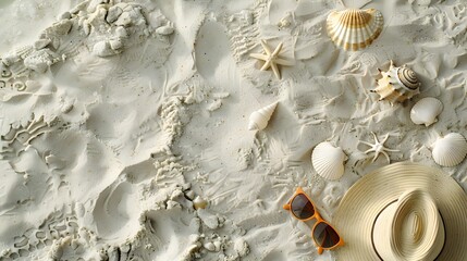Fototapeta premium Vertical flat lay of vacation essentials: sunscreen, hat, sunglasses, and seashells on sand.