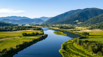Fototapeta premium Aerial View Of Winding River Through Lush Valley