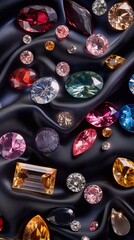 An assortment of loose gemstones, including diamonds, rubies, sapphires, and topaz laid out on a black silk fabric, vertical