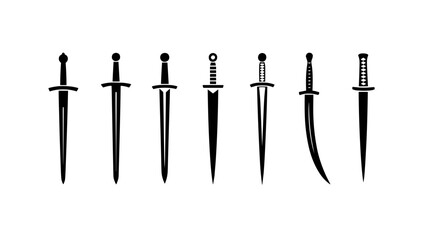 Ancient Swords Silhouette: A collection of iconic swords, embodying historical warfare, strength, and medieval artistry. These diverse blades showcase unique designs.