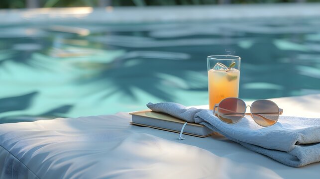 Vertical image of poolside essentials: book, drink, sunglasses, and towel on a lounger.