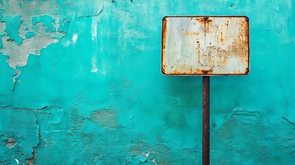 Old rusty metal sign on turquoise wall texture background for graphic design and wallpaper use 