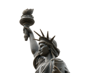 Bronze statue featuring a woman in flowing robes, holding a torch aloft against a dark background, embodying themes of liberty and enlightenment.
