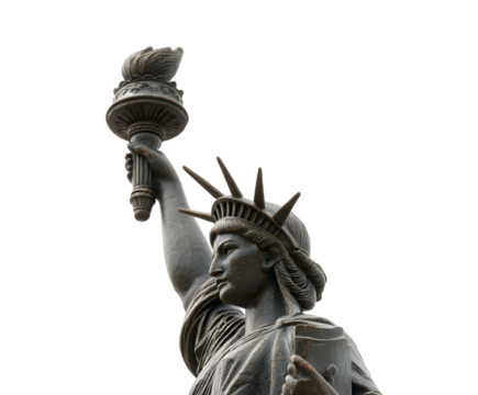 Bronze statue featuring a woman in flowing robes, holding a torch aloft against a dark background, embodying themes of liberty and enlightenment.