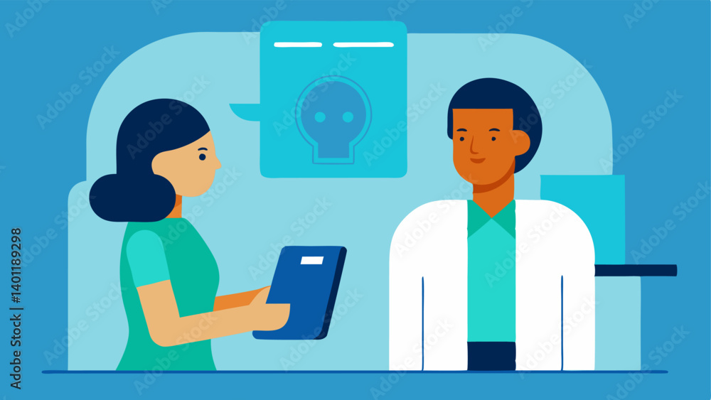 Poster technology integration an image of a mobile tablet displaying mri scans with a doctor discussing res