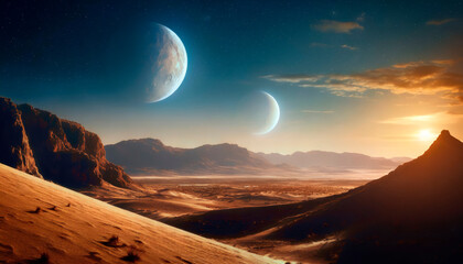 Sci-fi landscape featuring a desert environment, distant mountains, and two moons or planets in the sky during sunset