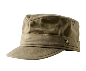 Khaki cap with a flat top and visor, often associated with military or casual wear, is displayed against a stark black background.