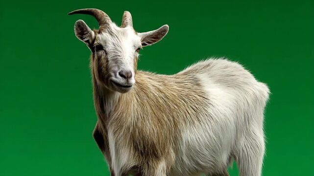 A close-up of a curious goat standing against a vibrant green backdrop, showcasing its features