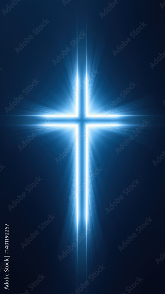 Aufkleber glowing christian cross on a dark background with light rays emanating from it.