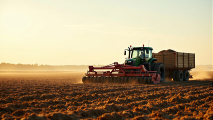 Tractor Working on a Field at Sunset