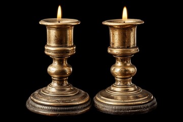 Brass candle holders on plain jet-black background no shadows, vintage decor, patina details